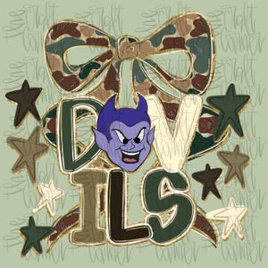 May include: Digital graphic featuring the word "DEVILS" in a mix of colors and fonts, with a cartoon devil face. A camouflage bow and star shapes surround the text on a light green background.