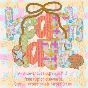 Può includere: Grafica colorata "Beach Days" con un accento di corda e dettagli di conchiglie. Le lettere sono decorate con motivi arancioni, rosa e blu. L'immagine include il testo: "A-Z alfa minuscolo con 3 elementi clip gratuiti. Le maiuscole incluse sono: BDGHLMS."