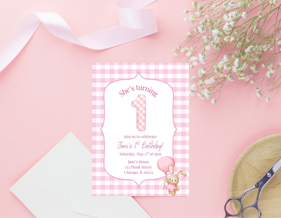 Pink Gingham 1st Birthday Invitation — Girl First Birthday Party Invite ...