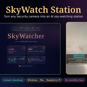 May include: A digital interface titled SkyWatch Station featuring a dashboard with live status, capture counts, and weather data. Beside it, a vertical video feed displays a dragonfly identified by AI software, with buttons for download and system compatibility.