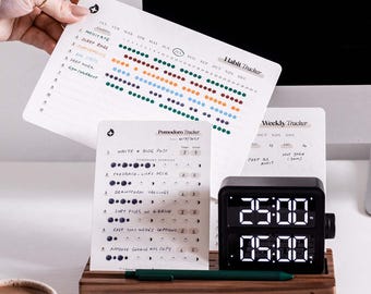 PRODUCTIVITY BUNDLE: Pomodoro Tracker Cards + Habit Tracker Cards + Weekly Planner Cards + Dual Pomodoro Timer + Walnut Wood Card Stand