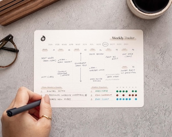 Weekly Desk Planner Cards with Walnut Stand | Habit & Goal Tracker