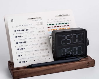 FOCUS BUNDLE: Pomodoro Planner Cards + Weekly Planner Cards + Habit Tracker Cards + Focus Timer + Wooden Card Holder Organizer