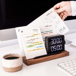TIME BLOCKING BUNDLE: Time Blocker Cards + Habit Tracker Cards + Weekly Planner Cards + Productivity Timer + Walnut Wood Card Stand
