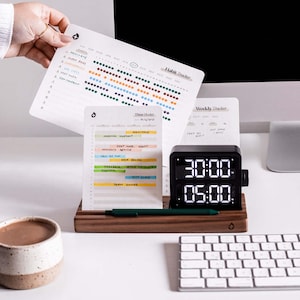 TIME MANAGEMENT BUNDLE: Time Blocking Planner + Habit Tracker Cards + Weekly Planner Cards + Focus Timer + Walnut Wood Card Stand
