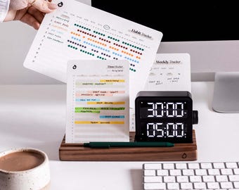 Time Management Bundle: Walnut Wood Organizer, Focus Timer, Planner Cards