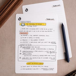 May include: Two white lined notecards with rounded corners, featuring the text Note card and a star icon. One card contains handwritten notes about The Psychology of Money, including headings like Reading Notes, Takeaways, and Notes to Self.