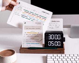 TASK MANAGEMENT BUNDLE: To Do List Cards + Habit Tracker Cards + Weekly Tracker Cards + Focus Timer + Wood Card Stand