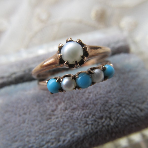 Danusharose Vintage Victorian dated1900 CreamyDreamy Ivory Pearl Turquoise Rose Gold Size 7 Wedding Ring Set RAREST plus Fine Jewelry Report