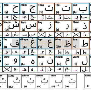 Letras árabes en formato PDF digital. Imprime y exhibe. Póster para aprender árabe con transliteración, harakat y letras del sol y la luna para angloparlantes.