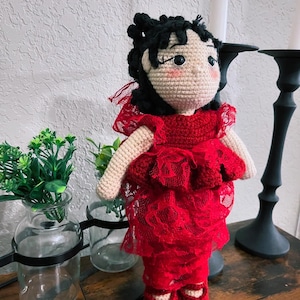 Handmade Lydia Deetz-Inspired Crochet Doll – One of a Kind Beetlejuice Plush – Gothic Amigurumi Art Doll – Red Wedding Dress Decor