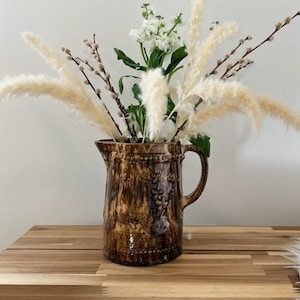 Vintage Rockingham Glaze Pottery Pitcher – Embossed Floral & Beaded Detail