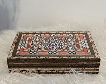 Handcrafted Syrian Khatam Marquetry Wooden Trinket Box | Inlaid Geometric Mosaic Jewelry Box