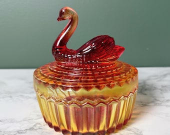 Vintage Jeannette Glass Amberina Swan Covered Candy Dish, Red to Orange Ombre Vanity Trinket Box, Makeup Dish for Lipstick or Jewelry