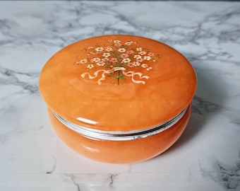 Vintage Italian Alabaster Powder Jar, Hand Carved Peach Stone Trinket Box, Floral Vanity Decor, Made in Italy, Mid Century Vanity Accessory