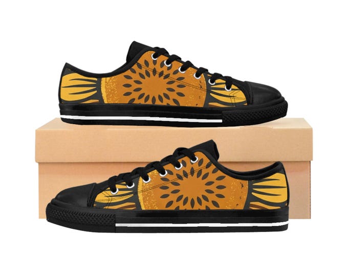 Sunburst Floral Sneakers | Women's Canvas Shoes, Yellow Black Pattern