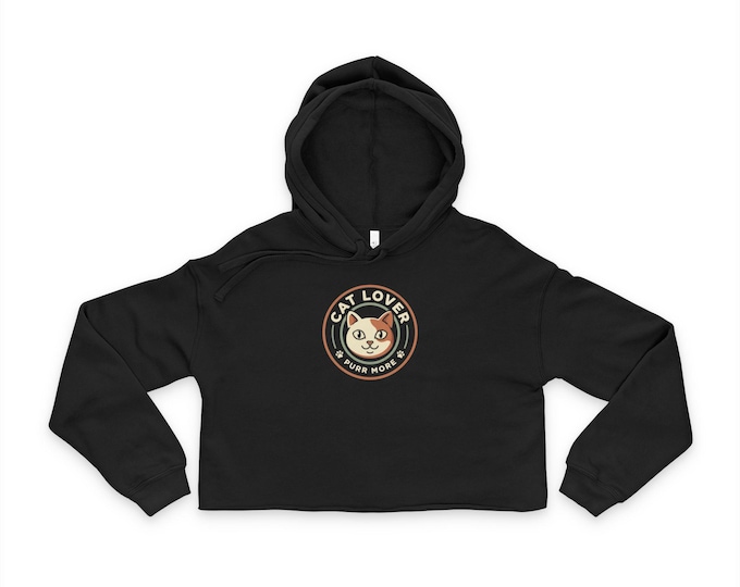 Cat Lover Retro Badge Cropped Hoodie | Cute Cat Illustration