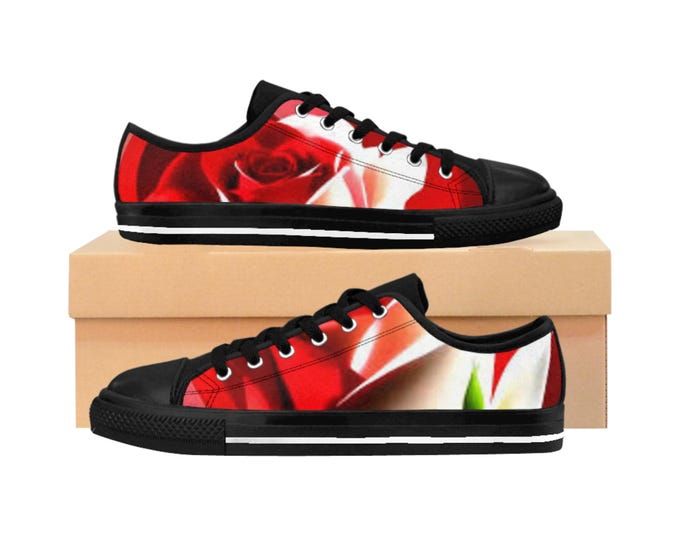 Red Rose Pattern Sneakers | Floral Low Top Shoes