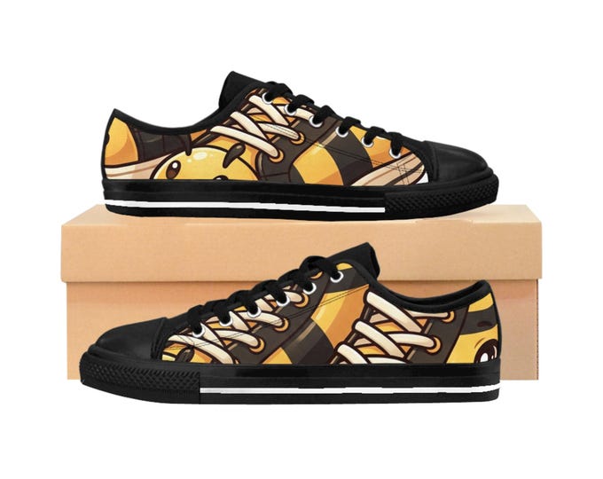 Cute Bee Cartoon Women's Sneakers | Yellow Honeybee Pattern, Low Top Canvas