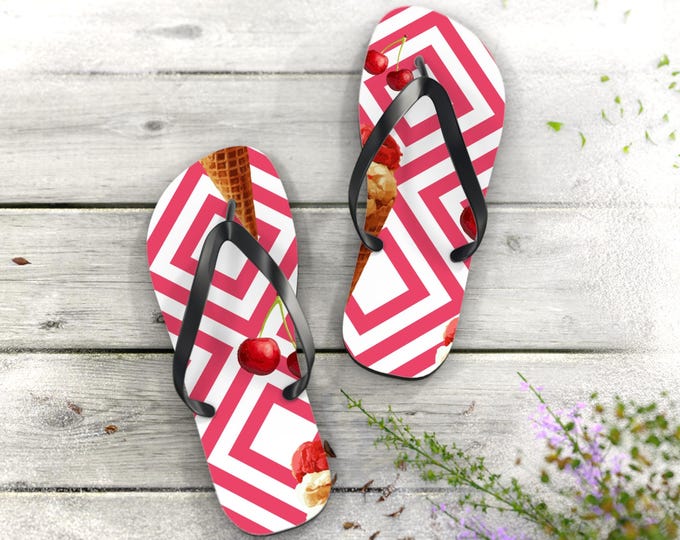 Strawberry Ice Cream Cone Flip Flops | Pink Geometric Beach Sandals