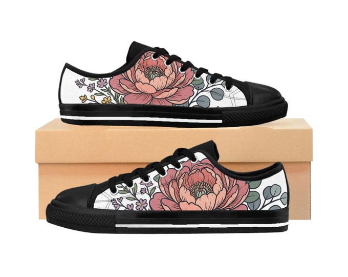 Peony Floral Print Women's Sneakers | Pink Peony Canvas Shoes