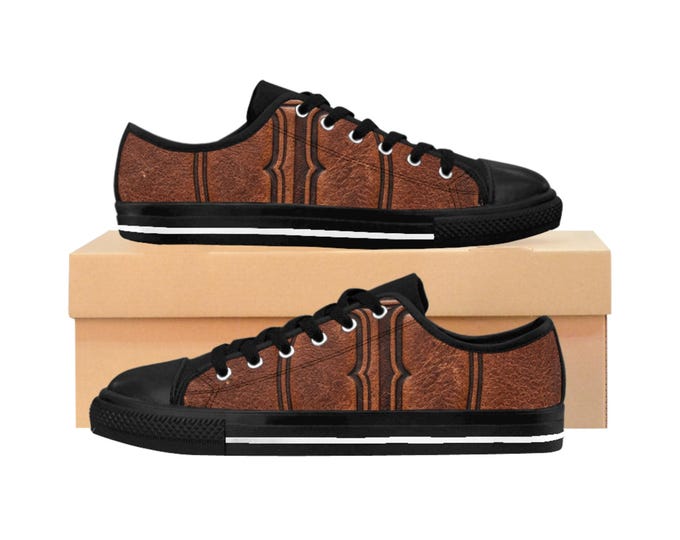 Brown Leather Pattern Sneakers | Men's Casual Low Top Shoes