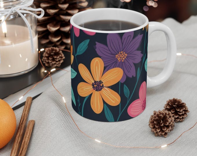 Dark Floral Pattern Mug | Yellow and Pink Flowers on Navy Background