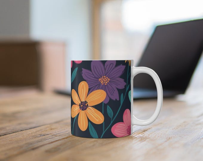 Dark Floral Pattern Mug | Yellow and Pink Flowers on Navy Background
