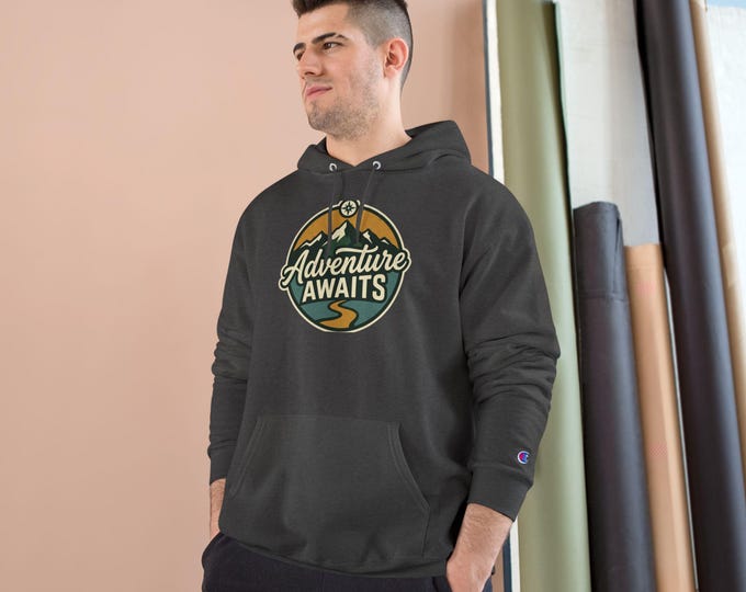 Adventure Awaits mountain logo Hoodie | Outdoor travel graphic