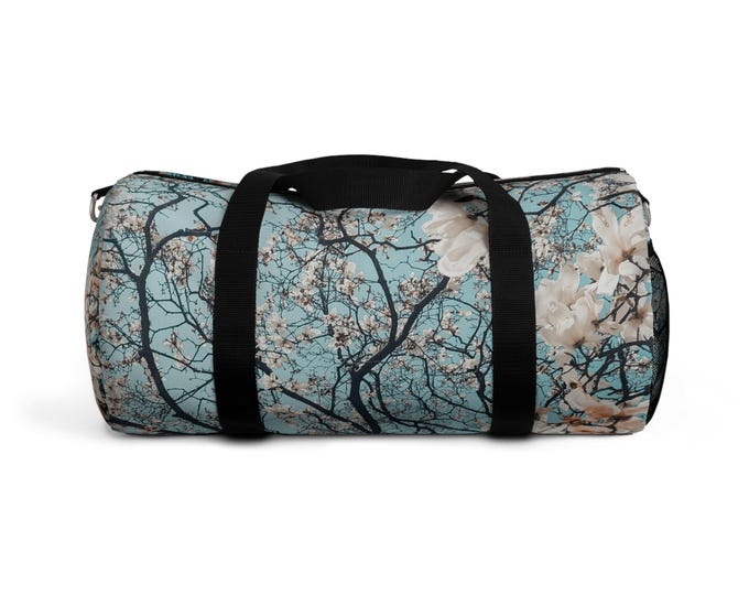 Blossom Branches Duffel Bag | Floral Tree Pattern, Sky Blue Background