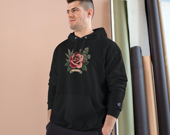 Vintage Rose Illustration Hoodie | Floral Banner Chest and Back