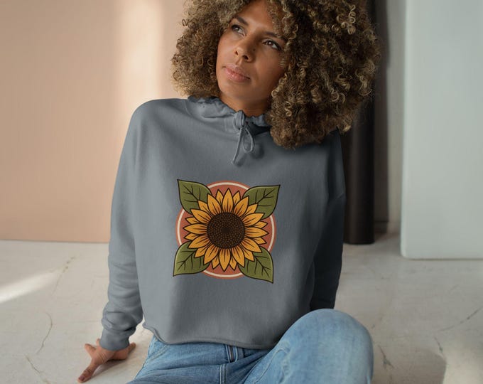 Sunflower Square Graphic Crop Hoodie | Floral Spring Boho