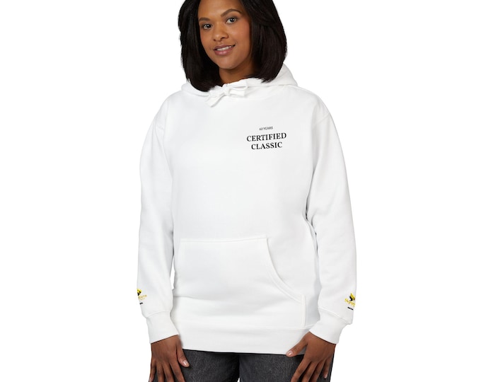 Certified Classic Hoodie | Minimal Retro Script, Small Chest Logo, Sleeve Stars
