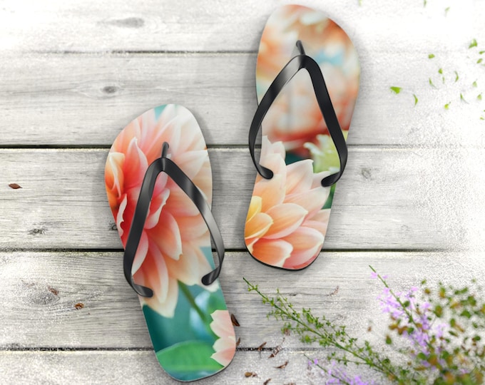 Peach Dahlia Floral Flip Flops | Tropical Flower Beach Sandals