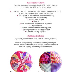 May include: Instructions for making a patchwork pouf with a pink and white floral pattern. The pouf is 35 x 50 cm (13 3/4 x 19 3/4 in) and requires 12 fat quarters of coordinated print fabrics or 2 meters of one type of fabric. The materials needed include a zipper, fiber fill, cardboard, paper, a pencil, a needle, a fabric-marking pen, a sewing machine with a zipper foot, and general sewing supplies. Suggested fabrics include light-weight leather or vinyl, suede, and quilting cottons.