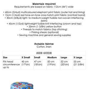 May include: A blue bucket hat with a red band and a yellow button. The hat is decorated with a colorful elephant print. The hat is reversible and can be made with or without the contrast band. The pattern includes step-by-step instructions with photographs. Size guide included.