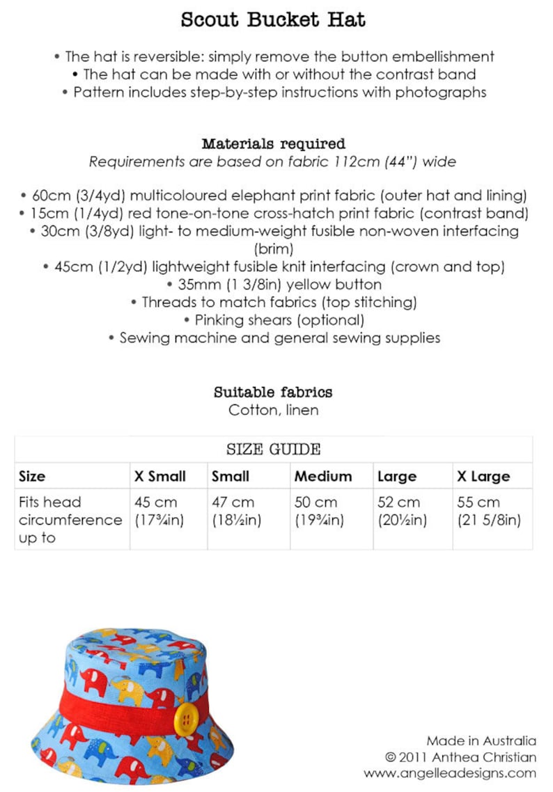 May include: A blue bucket hat with a red band and a yellow button. The hat is decorated with a colorful elephant print. The hat is reversible and can be made with or without the contrast band. The pattern includes step-by-step instructions with photographs. Size guide included.
