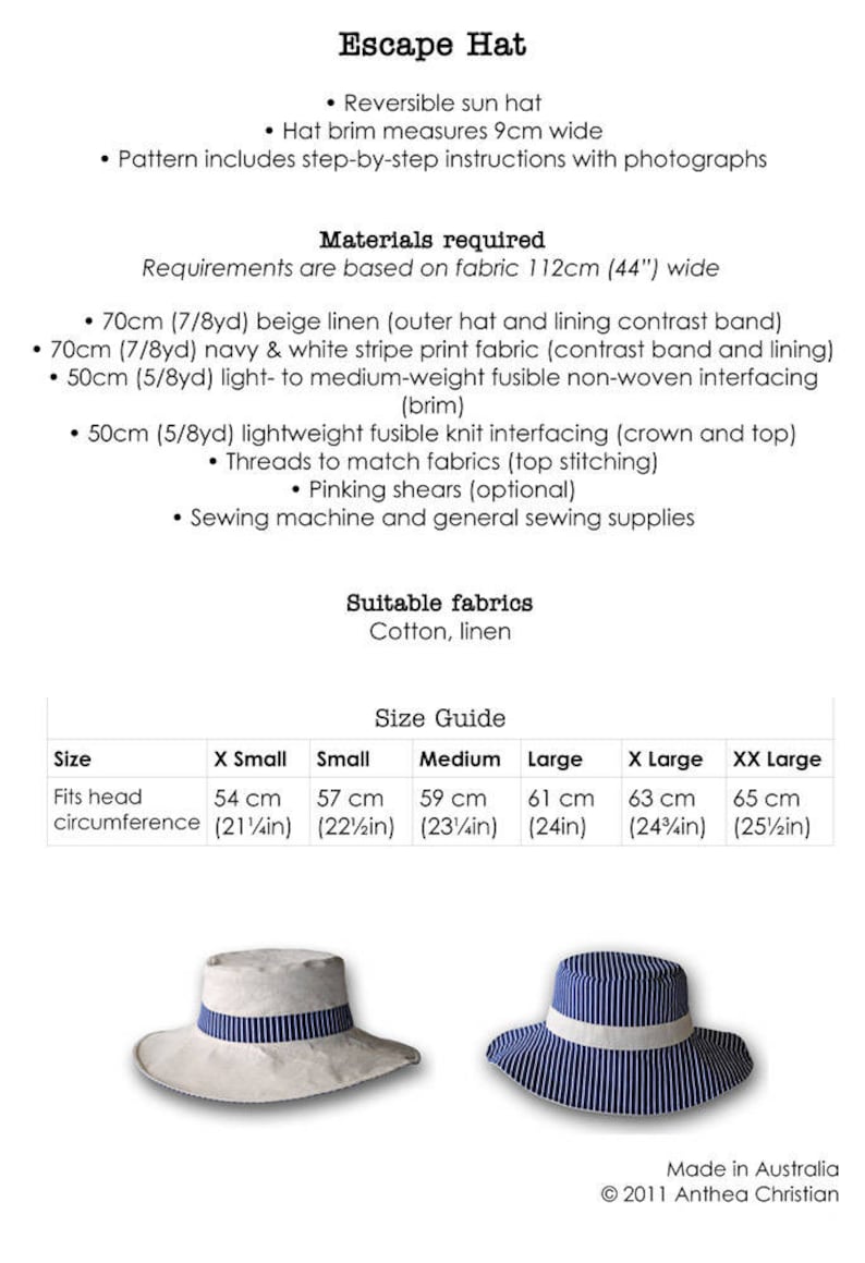 Escape Sun Hat HARD COPY Paper Sewing Pattern Mens and Boys Hat Pattern