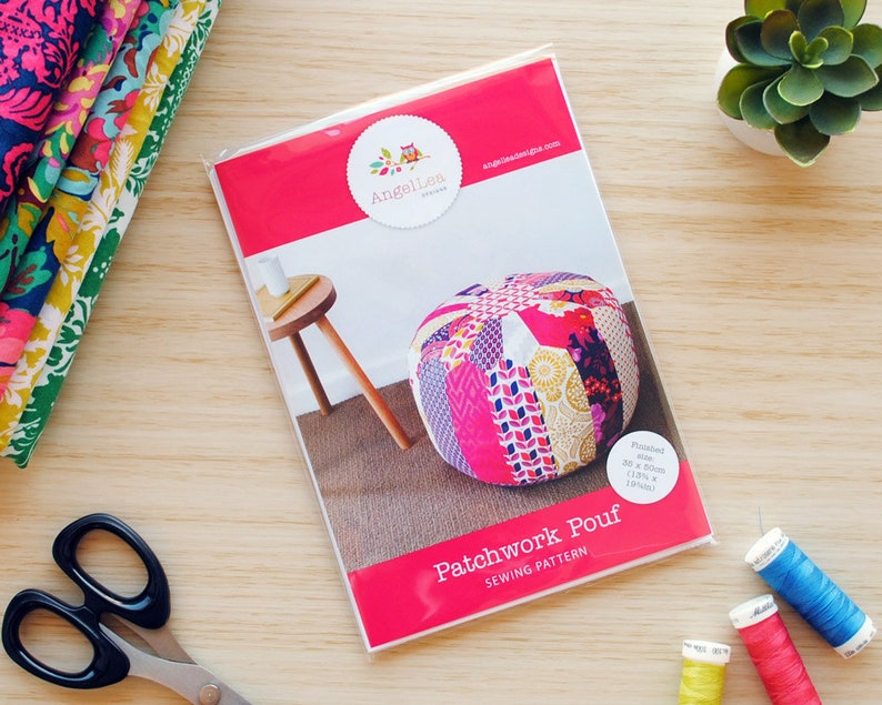 May include: A sewing pattern for a patchwork pouf, featuring a colorful pouf with a variety of fabrics. The pattern is titled "Patchwork Pouf Sewing Pattern" and includes the finished size of 30 x 30 inches (76 x 76 cm).
