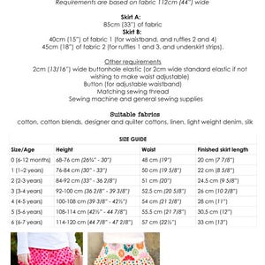 May include: A sewing pattern for a girl's ruffle skirt with instructions for sizes 0-6. The pattern includes two skirt styles, one with a solid pink fabric and the other with a colourful floral print. The pattern includes a size chart with measurements in centimetres and inches.