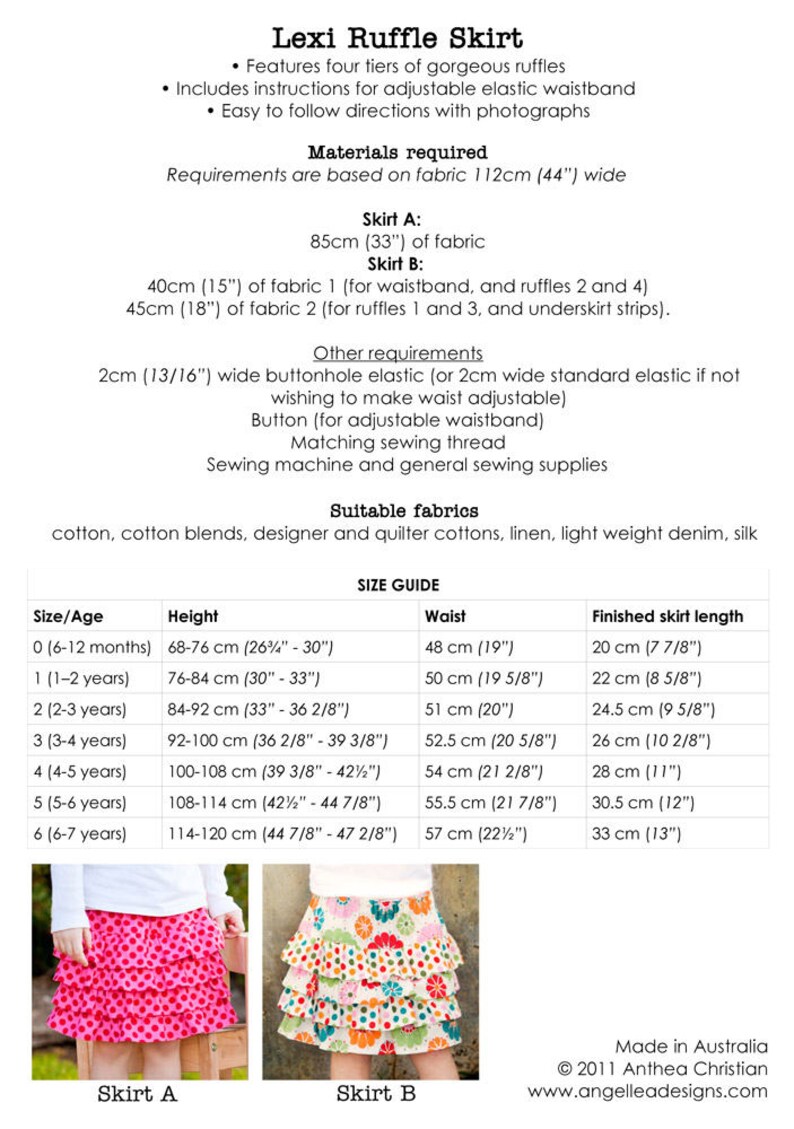 May include: A sewing pattern for a girl's ruffle skirt with instructions for sizes 0-6. The pattern includes two skirt styles, one with a solid pink fabric and the other with a colourful floral print. The pattern includes a size chart with measurements in centimetres and inches.