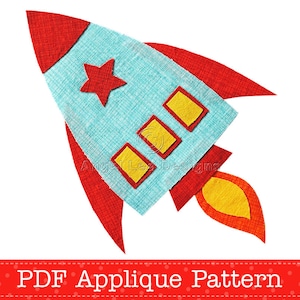 May include: A PDF applique pattern for a red and blue rocket with a yellow flame and a red star on the side. The pattern is for a craft project.