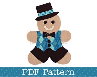 May include: A gingerbread man wearing a black top hat with blue polka dots, a blue and green plaid vest, a black bow tie, and black pants. The gingerbread man is smiling.  PDF Pattern.