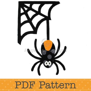 Könnte beinhalten: Schwarze Spinne mit orangefarbenen und weißen Augen, die an einem schwarzen Netz hängt.  PDF-Muster.