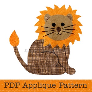 May include: A PDF applique pattern for a lion with a brown body, orange mane and tail. The pattern is for a sitting lion with a simple, smiling face.
