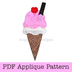 May include: A PDF applique pattern for a pink, white and brown ice cream cone with a cherry on top. The pattern is for a craft project.
