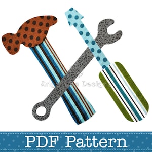May include: A PDF pattern for a DIY craft project featuring a hammer and screwdriver with a blue, green, brown, and white striped fabric design. The pattern is for a children's toy or decoration.