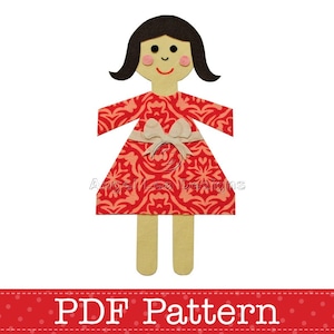 May include: A printable PDF pattern for a paper doll with a red dress with a white pattern and a beige bow. The doll has brown hair and a smiling face.