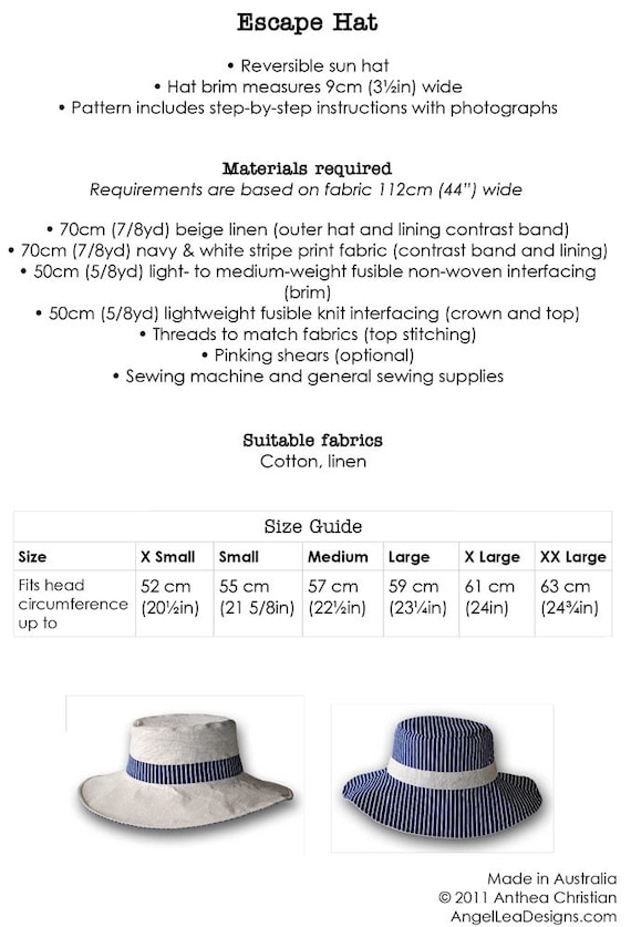 Mens Hat Pattern. PDF Digital Pattern. Escape Man Hat Sewing Pattern.  Reversible Sun Hat for Guys. Instant Download 