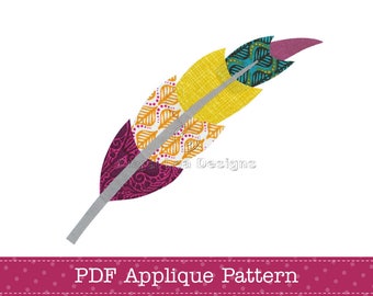 May include: A PDF applique pattern for a colorful feather with a silver stem. The feather is made up of four pieces: a purple, orange, yellow, and teal fabric.